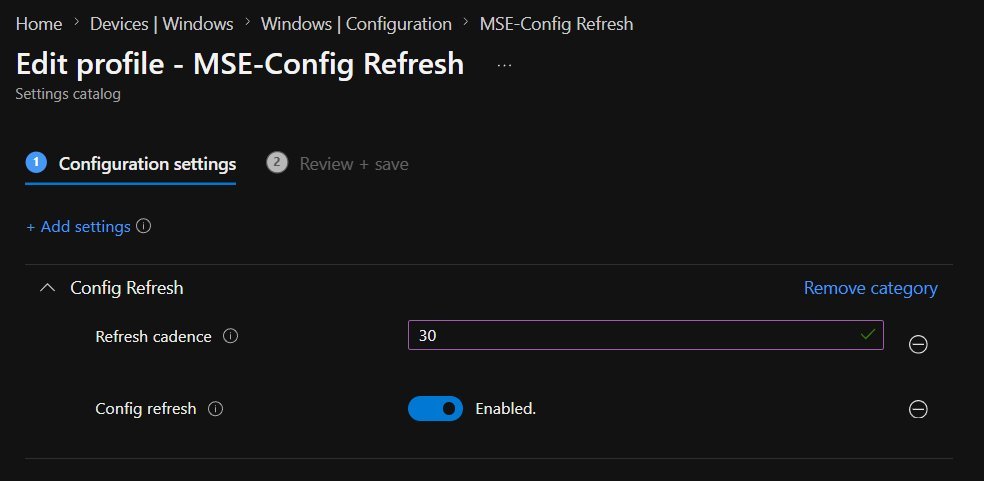 Intune Settings Catalog — Config Refresh policy showing Refresh cadence set to 30 minutes and Config refresh toggle enabled