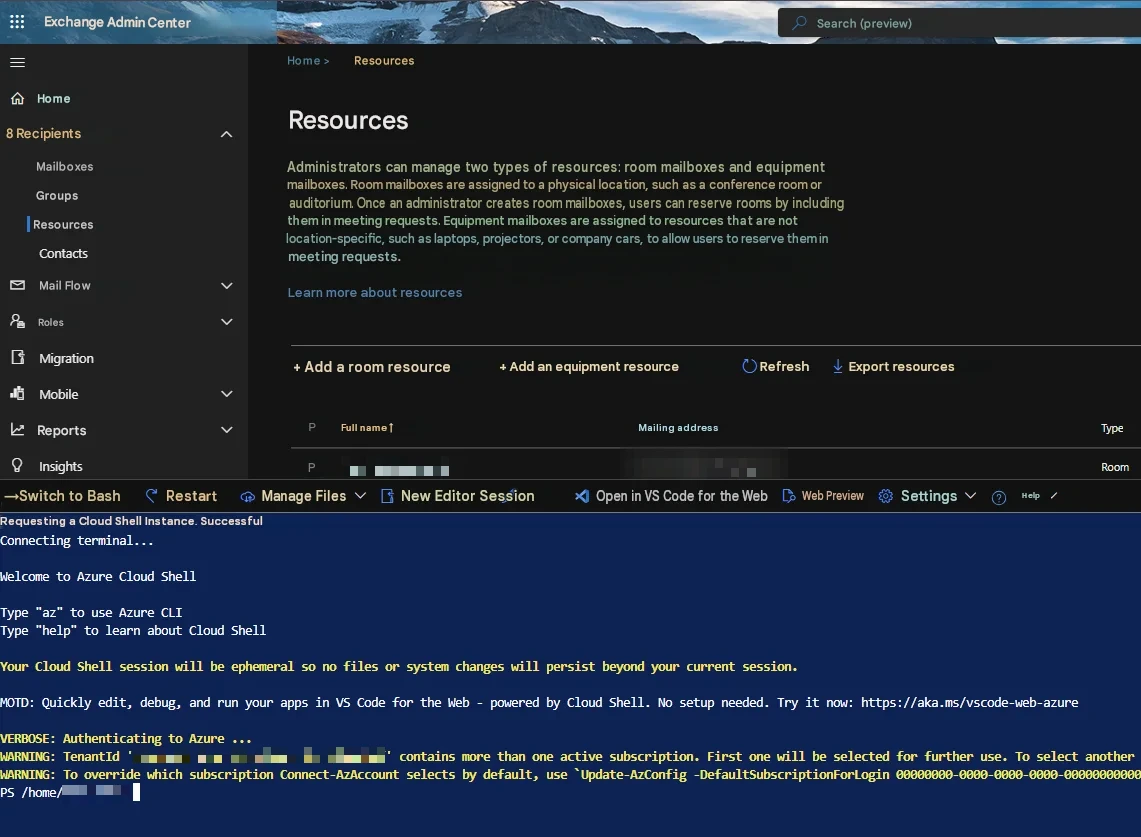 Exchange Admin Center Resources blade showing one Room mailbox and Azure Cloud Shell session below.