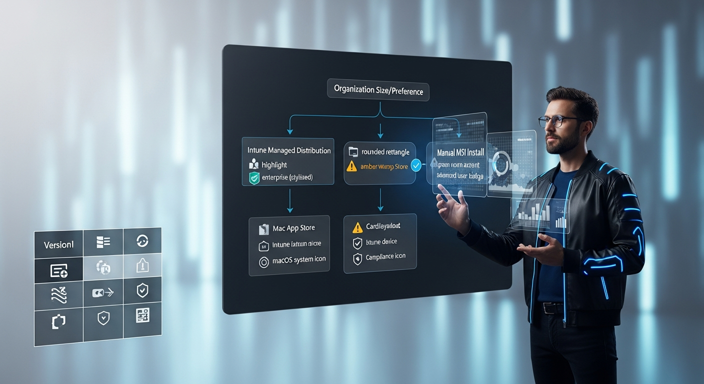 Deployment decision flowchart showing three macOS Purview installation options with enterprise recommendation indicators