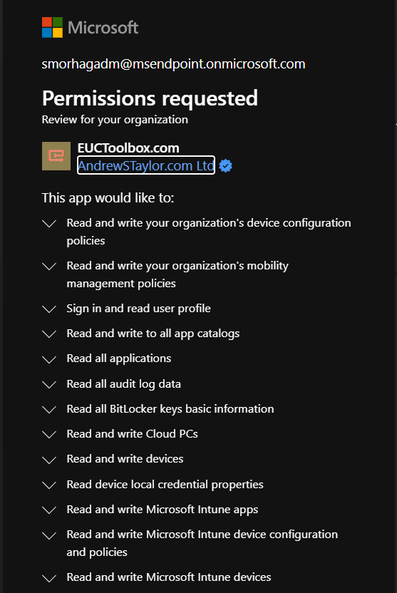 Permissions Consent Screen